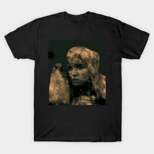 Beautiful girl, warrior with a shield, knight. Dark but beautiful. Yellow, sepia. T-Shirt